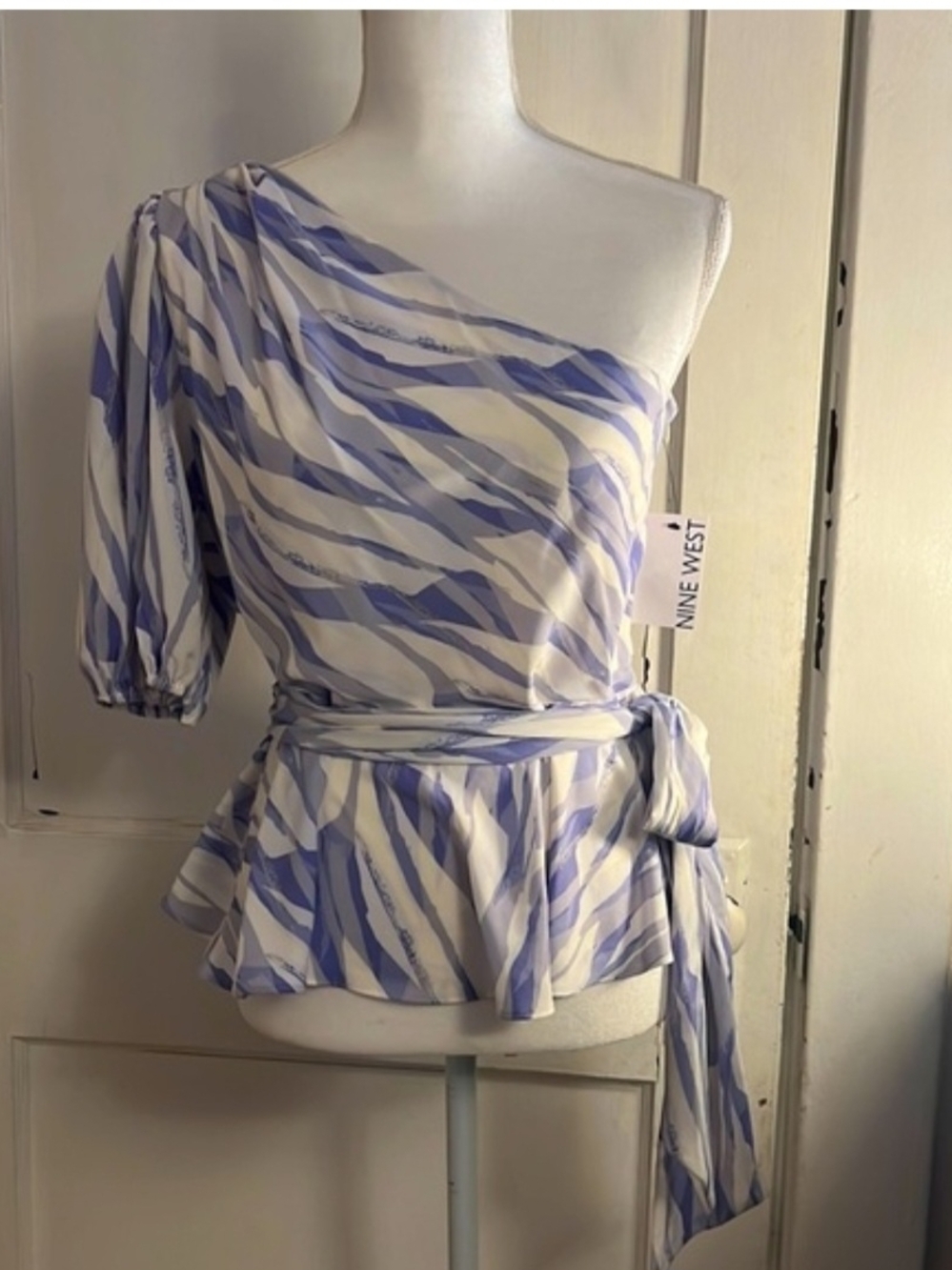 Nine West One-Shoulder Blue & White Printed Peplum Top